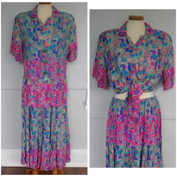 'Rainbow Jo' 3 pc set - Skirt, Shirt, Vest- Pink and Turquoise, 60's replica - Picture 1 of 10